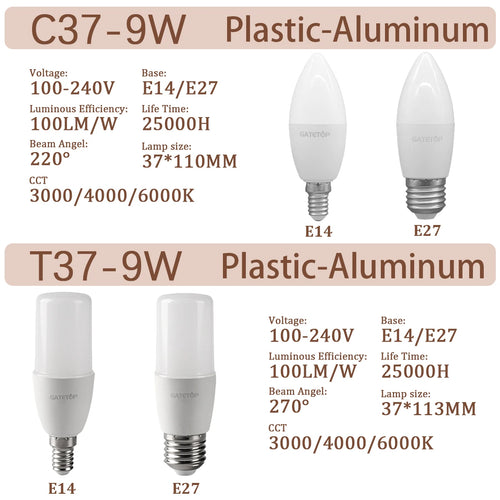 1-10pcs Candle Bulb C37 T37 220V  9W LED lamp Warm white Natural light Led Chandelier Light for Home Decoration